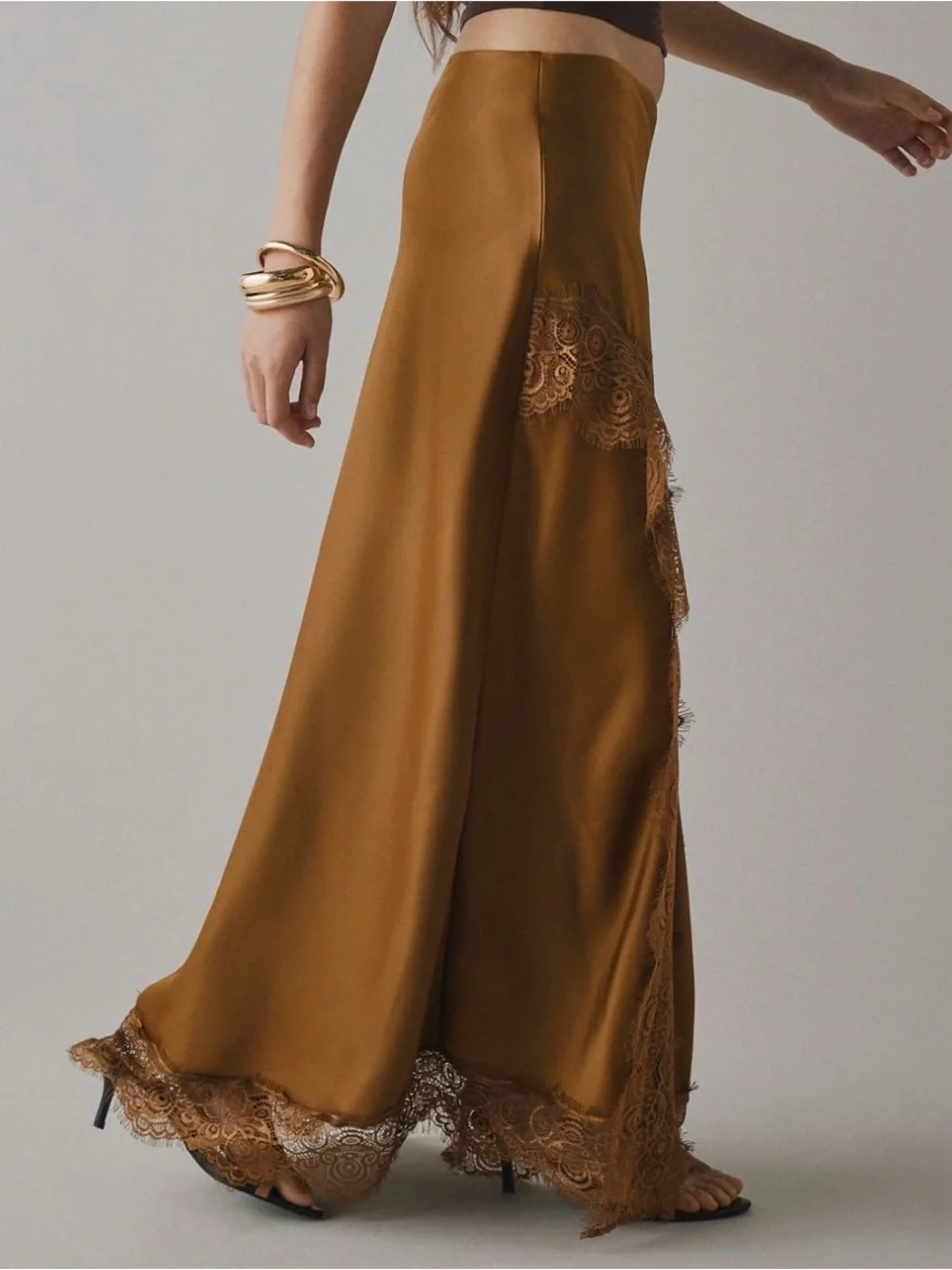 Kimchi Blue Brown Lace-Trim Maxi Skirt